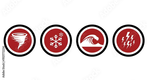 Set of four red circle icons illustrating different types of natural disasters