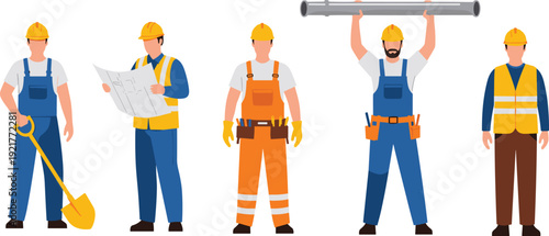 Construction worker characters vector set showing builders engineers and laborers with tools and safety equipment for industrial workforce illustration design