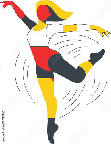 Energetic female figure executes a jump or spin gesture with limbs extended, rendered in blocks of red, yellow, and dark gray.