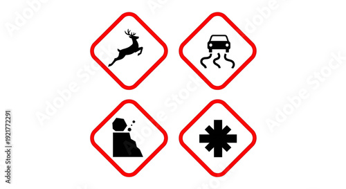 Road safety warning signs for deer crossing slippery road and rocks