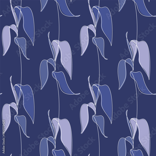 Blue botanical backdrop. Hand drawn leaves vector seamless pattern. Abstract floral illustration. Line continuous wallpaper, background, fabric, textile, minimal print, package design.