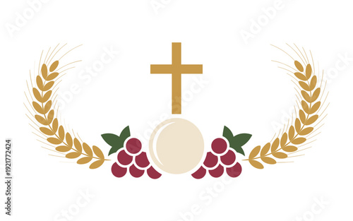 A minimalist vector graphic illustration of a Christian communion symbol with a cross, wheat, grapes, and bread