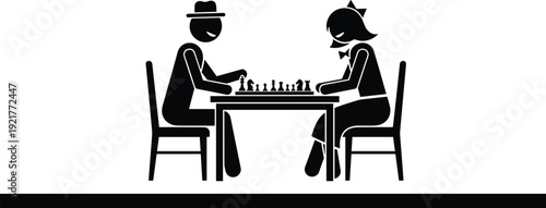 Man and woman playing chess at table, strategic board game competition silhouette illustration isolated on white background concept