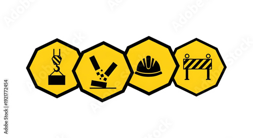 Construction site warning icons. crane, falling objects, hard hat, barrier