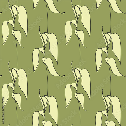 Abstract floral illustration. Hand drawn green corn leaves vector seamless pattern. Botanical backdrop. Line continuous wallpaper, background, fabric, textile, minimal print, package design.