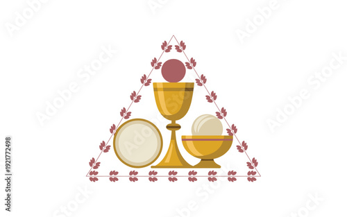 A vector graphic illustration of a chalice and communion elements in a triangular design