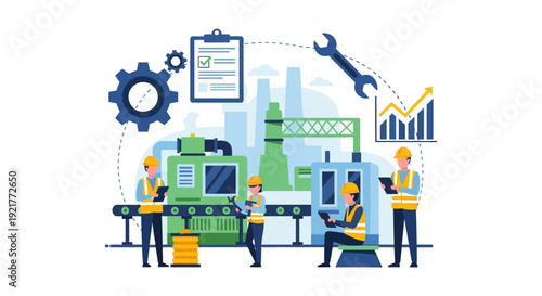 Industrial Automation & Manufacturing Process with Engineers. Factory Production Line, Smart Industry Management, Quality Control & Growth.