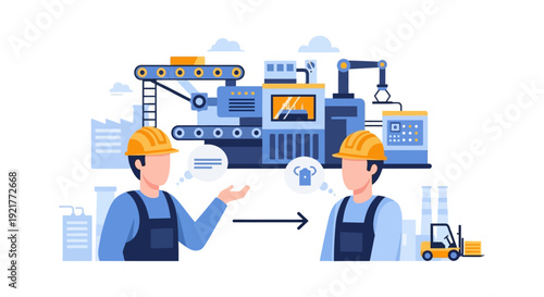Industrial Automation and Manufacturing Communication. Engineers or Workers Discussing Modern Factory Processes, Technology Integration & Industry 4.0
