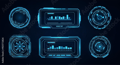 Futuristic heads up display interface with digital data charts set
