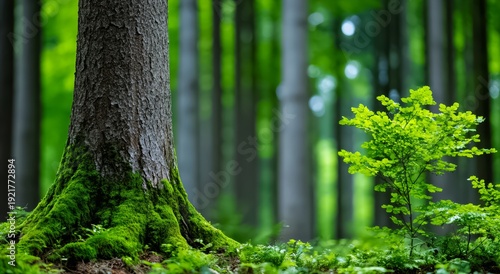 Tree with green leaves and a mossy trunk. The tree is surrounded by green foliage