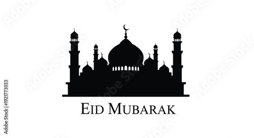 A black mosque with crescent moon and eid mubarak text silhouette