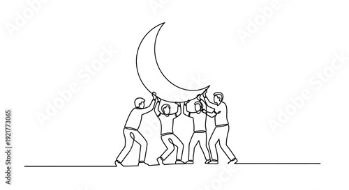 Teamwork lifting a crescent moon in a continuous line silhouette