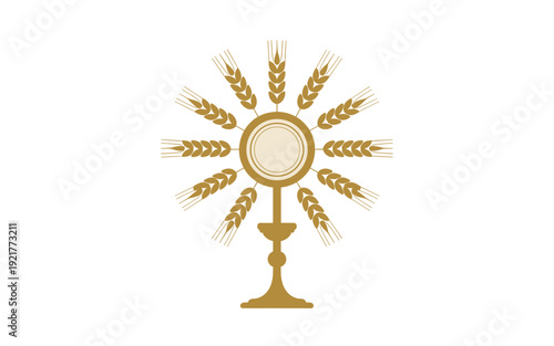 A golden chalice with wheat rays on a white background, symbolizing abundance and spirituality
