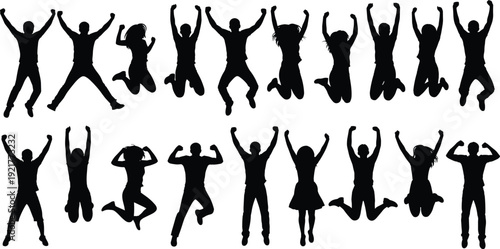 Minimalist black silhouette illustration of diverse people jumping in expressive poses, lifestyle concept symbolizing joy, freedom, celebration, happiness, energy, and dynamic human motion.