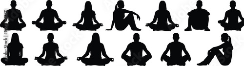 Yoga and meditation silhouette collection showing seated mindfulness poses, men and women practicing relaxation isolated black vector illustration set