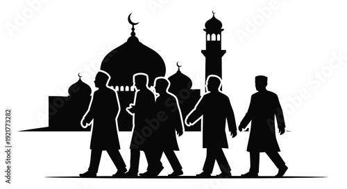 Mosque and people walking a striking black silhouette