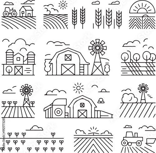 farm icons set line art agriculture tractor barn silo windmill fields