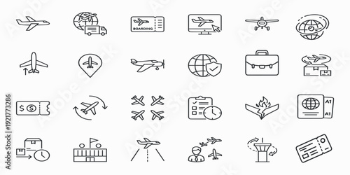 Air Travel Logistic and Aviation Icon Set Featuring Vector Line Art for Flight Booking Cargo Delivery Airport Services and Global Transportation