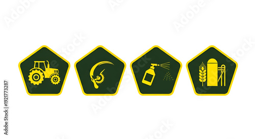 Agriculture industry icons featuring tractor sickle spray and silo