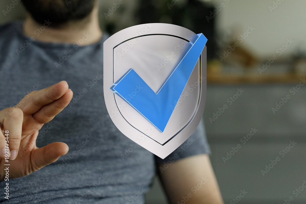 Obraz premium Concept of approval, security, and assurance with hand interacting with a shield and checkmark. Representing safety, cho