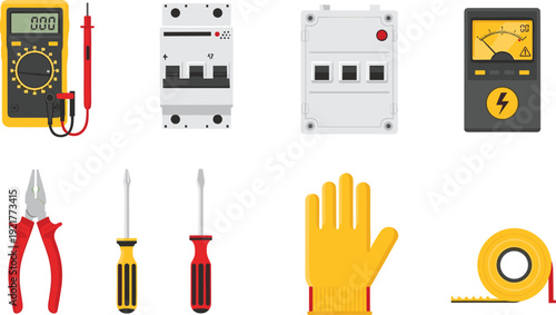 Electrician tools and equipment vector set including multimeter breakers pliers screwdrivers safety gloves and measuring tape for electrical work illustration