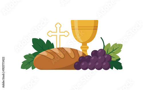A vector graphic illustration of a bread, grapes, and a chalice with a cross, symbolizing communion or holy eucharist