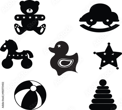 Toy icon set vector. Simple black silhouette collection. Childhood playtime objects. Kids toys graphics. Teddy bear, ball, rocket, train, duck, blocks, pyramid. Baby goods.