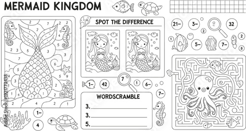 Mermaid kingdom activity worksheet for kids, underwater puzzle maze coloring page educational printable game collection illustration