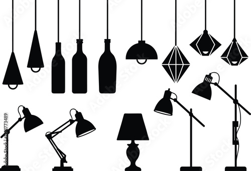 Collection of modern lamp silhouettes, pendant ceiling lights and desk lamps set, minimalist black vector illustration for interior lighting design