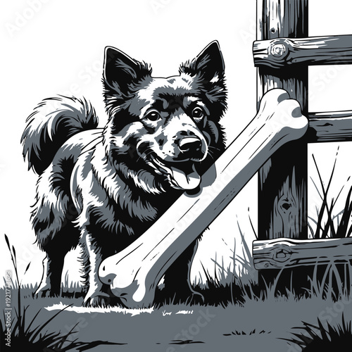 Ultra bold contour illustration of a countryside dog chewing large bone near wooden fence, exaggerated thick black lines, flat monochrome 1