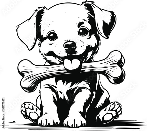Ultra bold contour illustration of a baby dog chewing a bone happily, exaggerated thick lines, minimal detail, monochrome