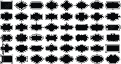 Collection of 48 black ornamental label frame designs with decorative borders, symmetrical shapes, and artistic contours for graphic design, branding, packaging, and scrapbooking