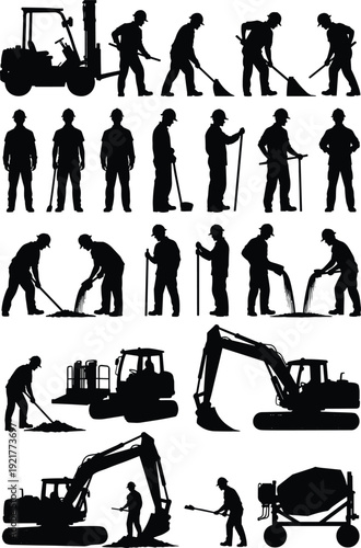 Construction workers and heavy machinery silhouettes collection, excavator forklift cement mixer and laborers working, black vector illustration isolated on white background
