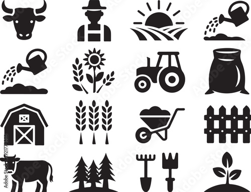 farm vector icons cow tractor sunflower wheat barn tools set