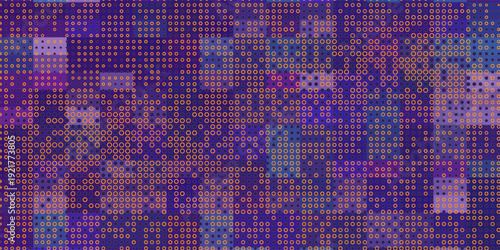 Abstract neon purple bg with 8 bit pixel pattern on gradient background. Vector retro illustration with overlay glow effect. Halftone with bitmap dither texture