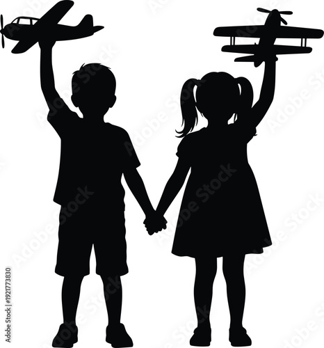 Children silhouette holding toy airplanes, happy kids playing together, childhood imagination concept, black vector illustration, friendship and aviation dream theme