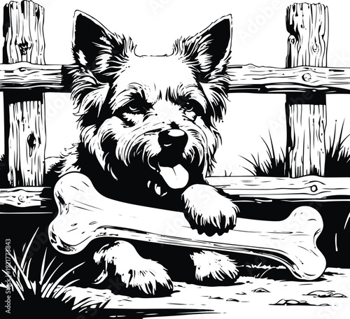 Ultra bold contour illustration of a countryside dog chewing large bone near wooden fence, exaggerated thick black lines, flat monochrome 2
