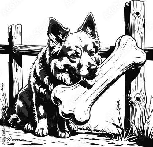 Ultra bold contour illustration of a countryside dog chewing large bone near wooden fence, exaggerated thick black lines, flat monochrome