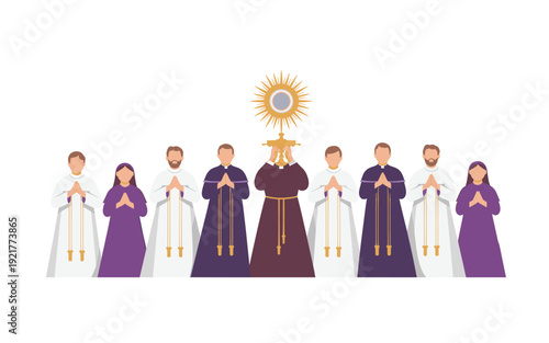 A vector illustration of a group of clergy and religious figures in prayer, centered around a sacred symbol.
