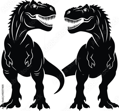 Black vector silhouette set of two aggressive Tyrannosaurus Rex dinosaurs facing each other for prehistoric wildlife education and museum branding, cad drawing flat vector illustration