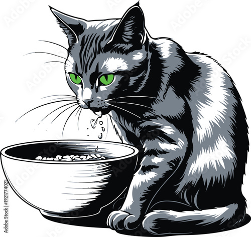 Ultra bold contour illustration of a sitting cat lowering its head into bowl while eating, exaggerated thick black lines, minimal interior detail, monochrome vector 2