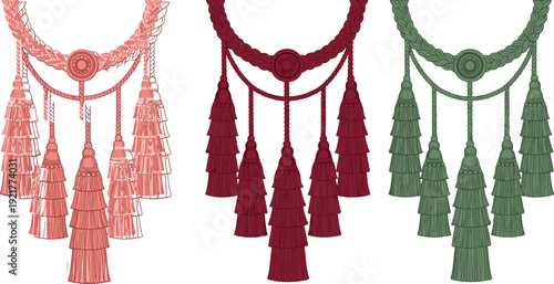 Vector illustration of ornate curtain tassel tiebacks in pink, burgundy, and green colors with braided cords and layered decorative tassels.