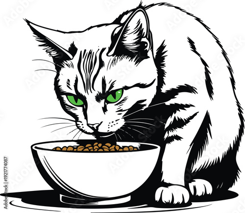 Ultra bold contour illustration of a sitting cat lowering its head into bowl while eating, exaggerated thick black lines, minimal interior detail, monochrome vector 1