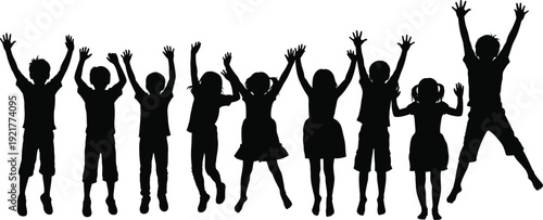 Group of cheerful children silhouettes jumping with raised hands isolated on white background, playful childhood celebration vector illustration