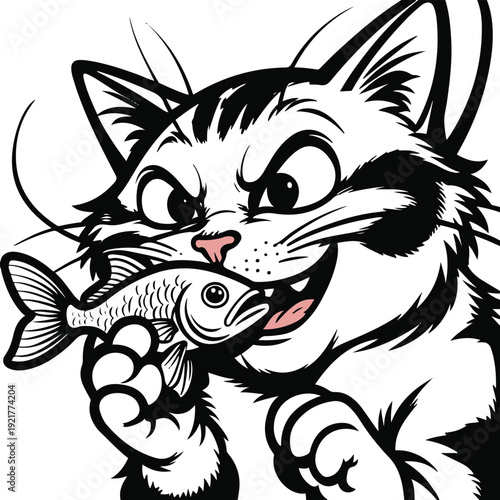 Super thick outline sticker-style vector of a playful cat chewing a small fish, simplified cartoon proportions, heavy black stroke, flat black and white 1