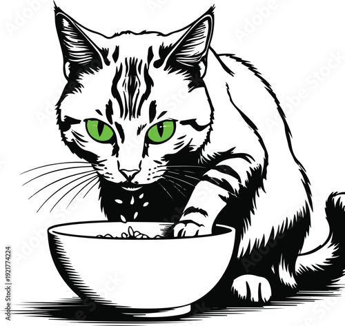Ultra bold contour illustration of a sitting cat lowering its head into bowl while eating, exaggerated thick black lines, minimal interior detail, monochrome vector