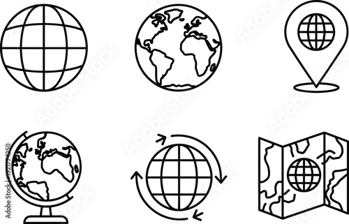 Global map and globe icon set navigation location pin world map atlas earth symbols line vector illustration modern outline design