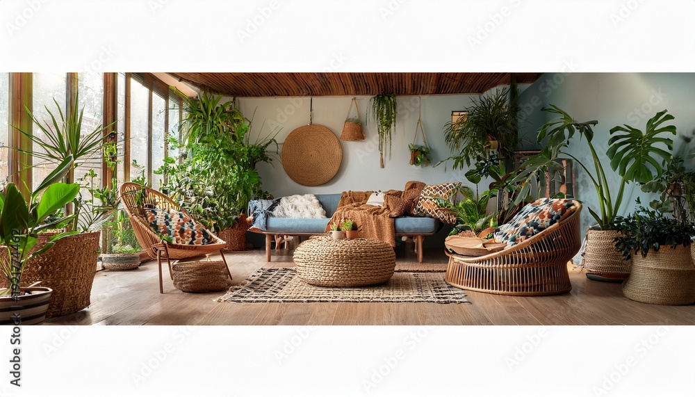 Fototapeta premium boho chic living room with lush green houseplants