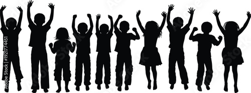 Group of happy children silhouettes jumping with raised hands isolated on white background, playful kids celebration concept vector illustration