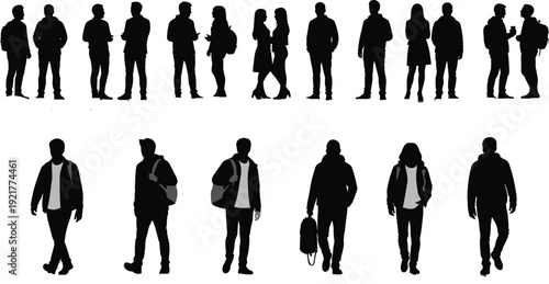 Collection of black silhouettes of people walking and standing in groups or pairs with backpacks and bags isolated on white background for urban lifestyle